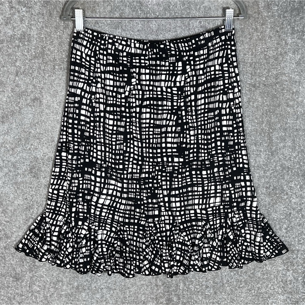 Zen Knits Pull On Skirt Womens Size M Black White Geometric Stretch Ruffle Hem